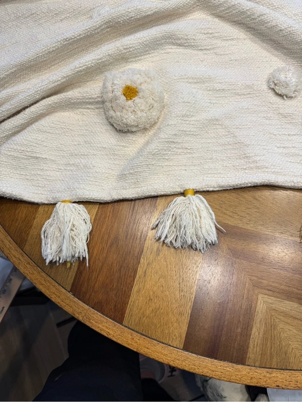 Anthropologie Tufted Amal  Throw Blanket Pom Pom’s with Gold Accents *desc